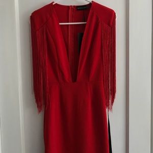 PrettyLittleThing Red Tassel Extreme Plunge Dress